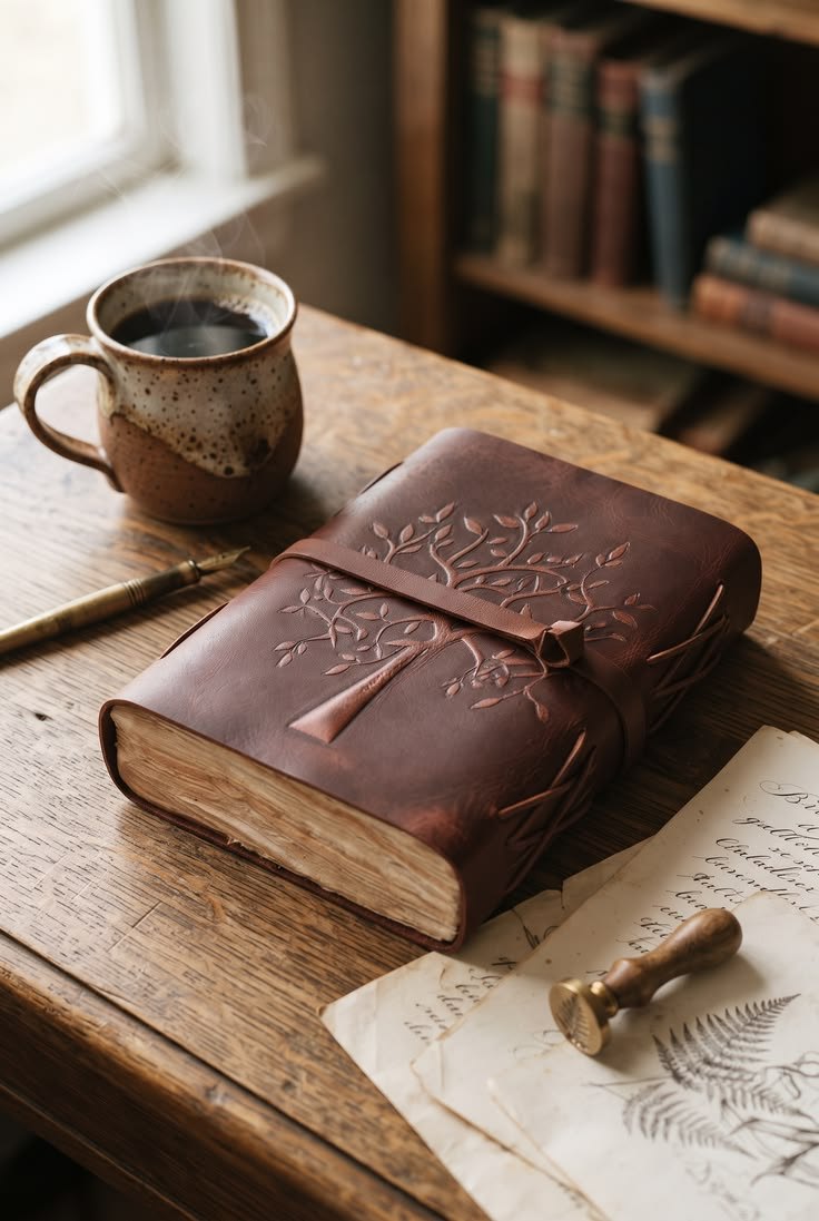 A leather-bound journal on a wooden desk beside a coffee cup, quill and wax seal